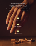Hand holding a supplement capsule with text about skincare benefits on a dark background